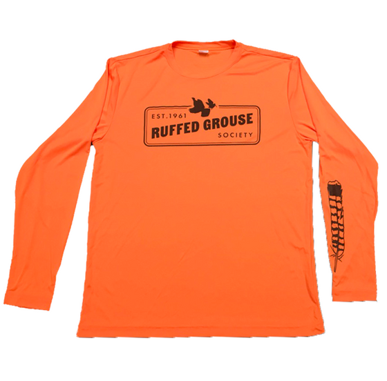 Ruffed Grouse Society Long Sleeve T-Shirt: Orange; Feather on Sleeve