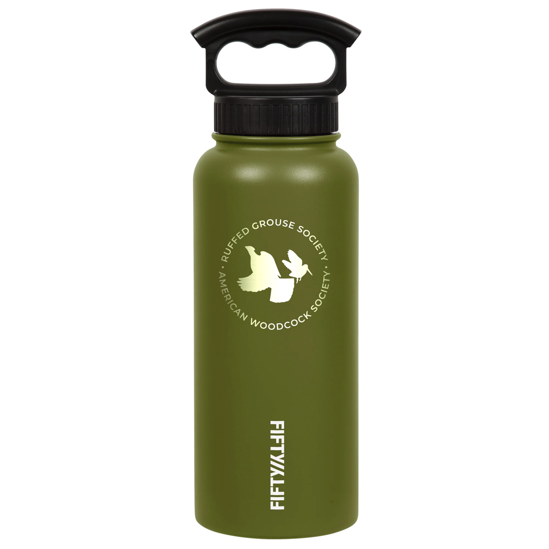 Fifty/Fifty Stainless Steel 34 Oz Bottle w/3-Finger Cap: Olive Green with RGS & AWS Circle Logo