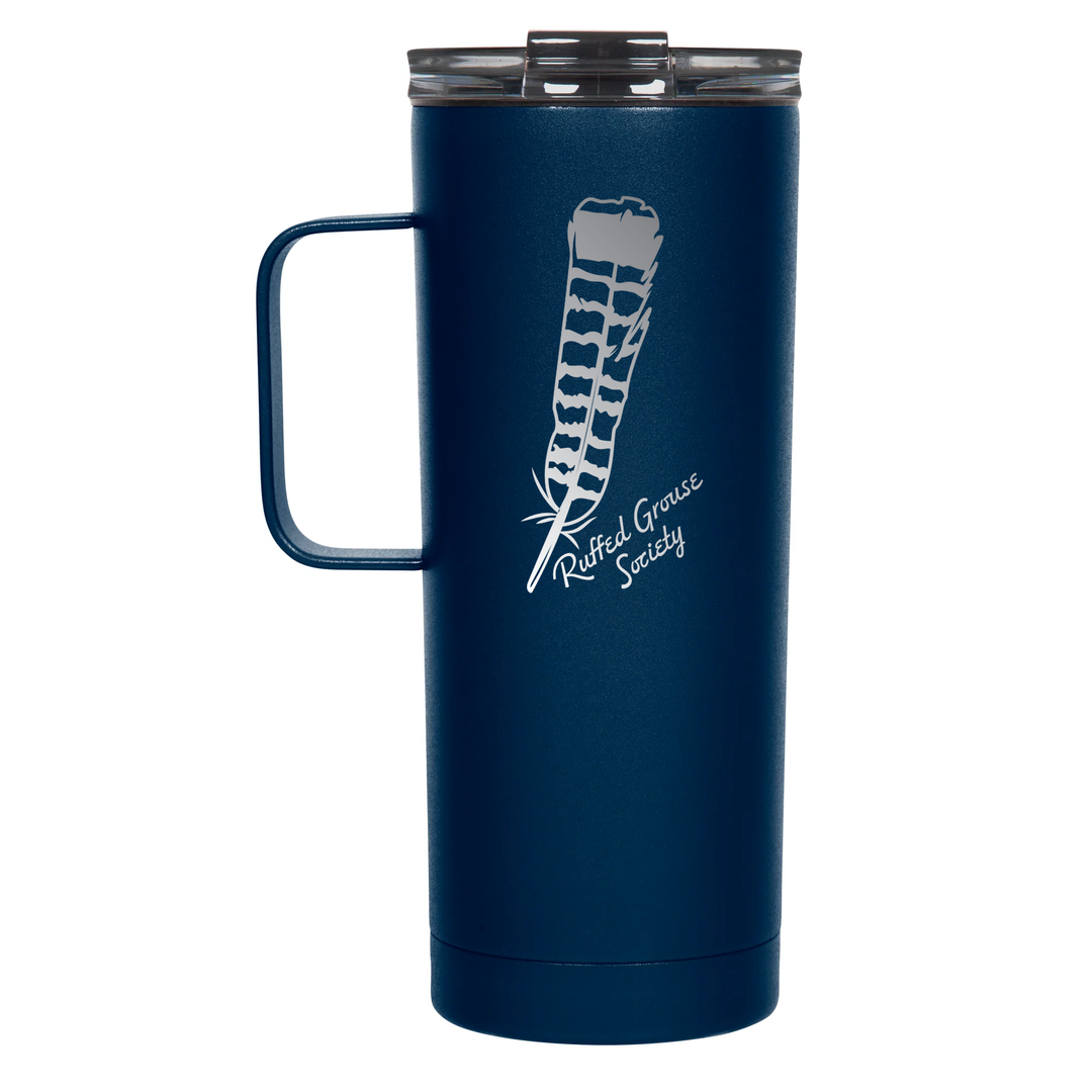 Fifty/Fifty Stainless Steel 20 Ounce Tall Mug with Handle: Navy; with RGS Feather Design