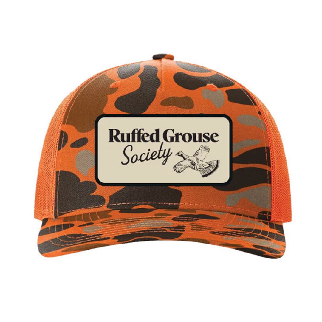 Ruffed Grouse Society Five-Panel Trucker Cap with Ruffed Grouse Society Patch. Camo/Blaze