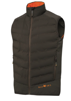 Beretta Bezoar Hybrid Vest: Brown Bark; RGS & AWS Logo Across Bottom in Orange