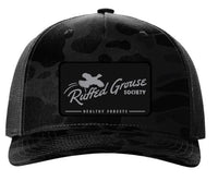 Ruffed Grouse Society Five-Panel Trucker Cap with Ruffed Grouse Society Patch. Camo/Black/Blue
