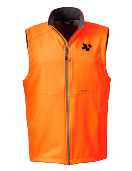 Orvis Upland Hunting Softshell Vest: Blaze Orange; Embroidered with the Two Bird Logo