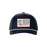Ruffed Grouse Society Five-Panel Trucker Cap with Rope: Ruffed Grouse Society Healthy Forest Patch: Navy/White