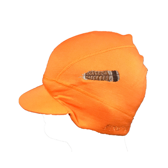 First Lite Brimmed Merino Beanie with Ruffed Grouse Full Color Feather Design on Side