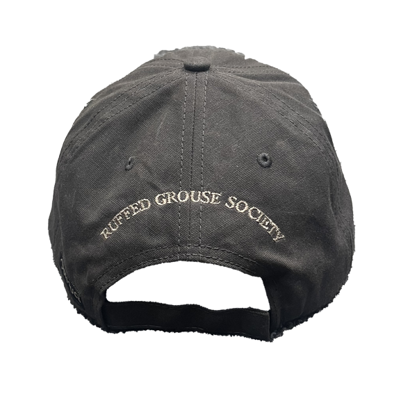 Canvas Charcoal Cap with Feather on Front and Ruffed Grouse Society on Back
