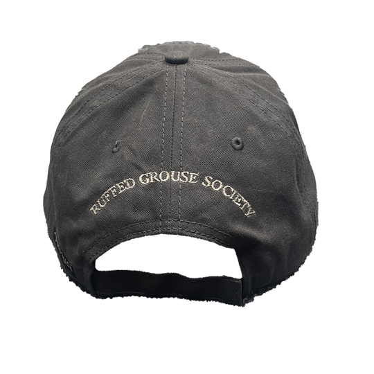 Canvas Charcoal Cap with Feather on Front and Ruffed Grouse Society on Back
