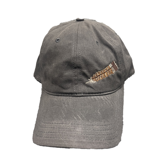 Canvas Charcoal Cap with Feather on Front and Ruffed Grouse Society on Back