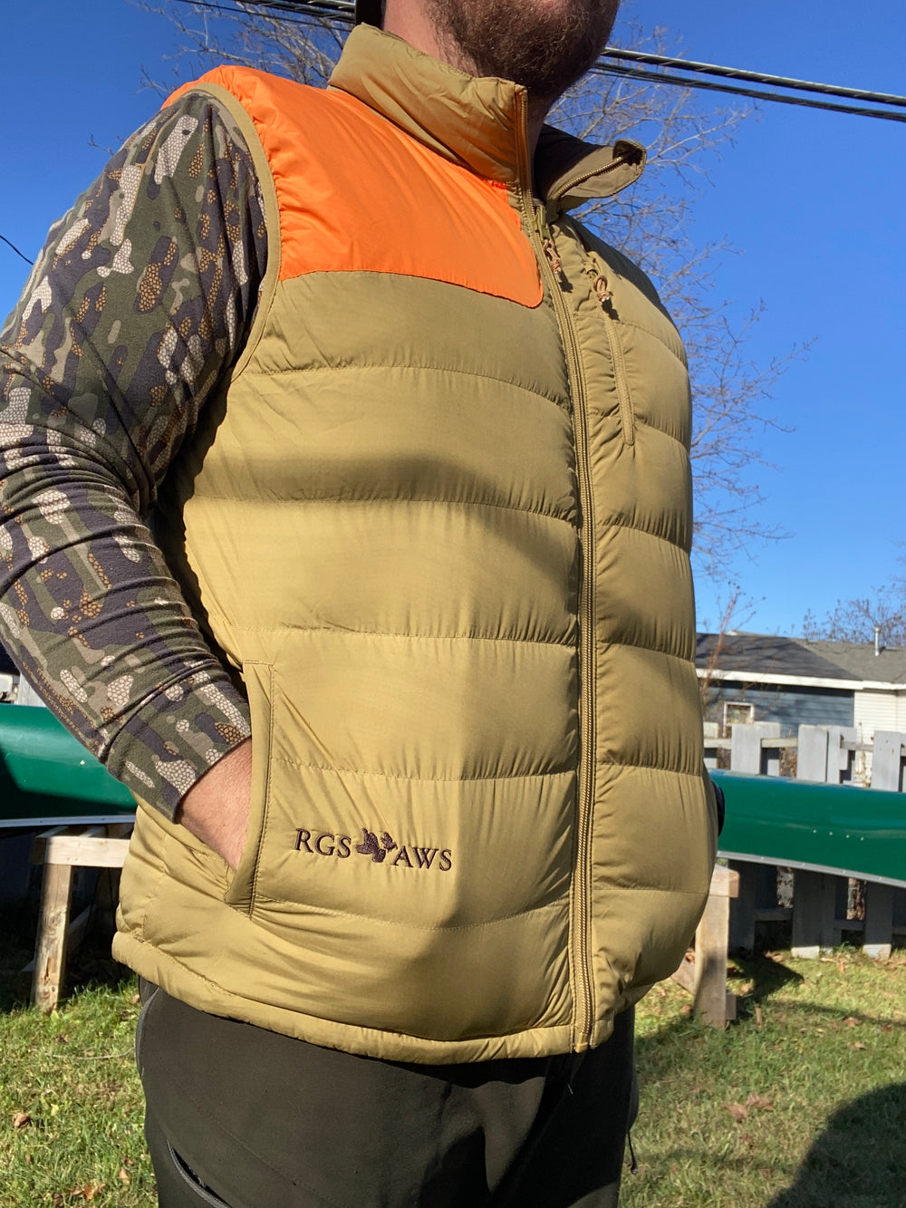 Duck Camp Reversible Down Vest: Wheat/Pin Oak: RGS & AWS Logo Across Bottom of Vest