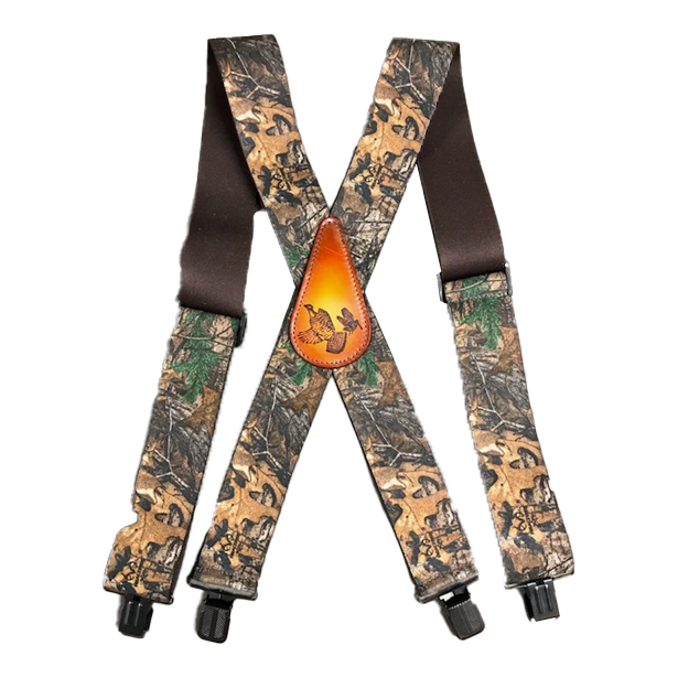 Suspenders with Leather Patch: Featuring RGS & AWS Ruffed Grouse & Woodcock