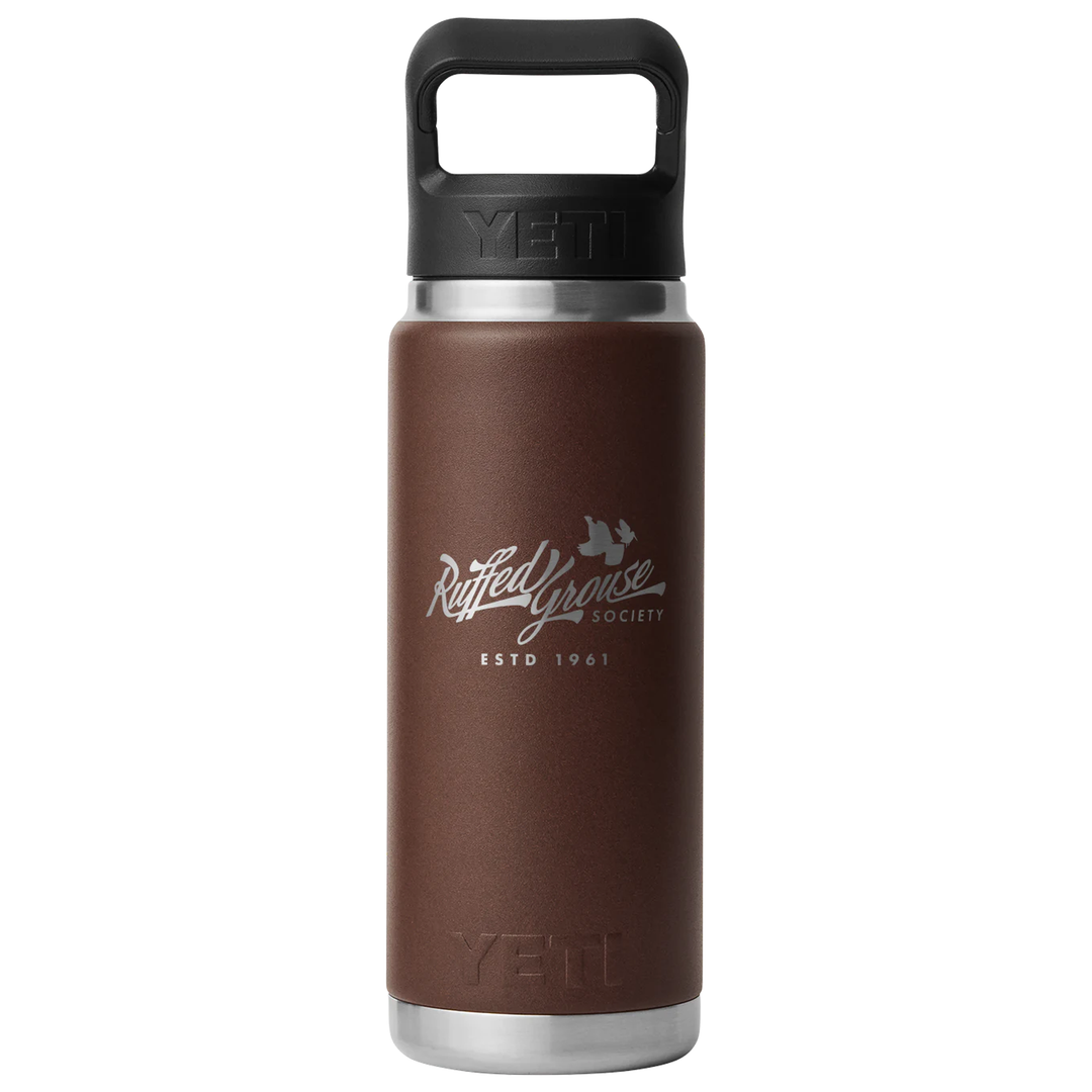 Yeti Rambler 26 oz Straw Bottle: Wetlands Brown with Ruffed Grouse Society Graphic