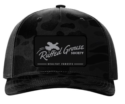 Ruffed Grouse Society Five-Panel Trucker Cap with Ruffed Grouse Society Patch. Camo/Black/Blue