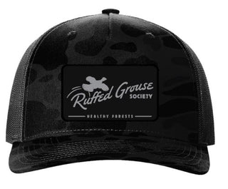 Ruffed Grouse Society Five-Panel Trucker Cap with Ruffed Grouse Society Patch. Camo/Black/Blue