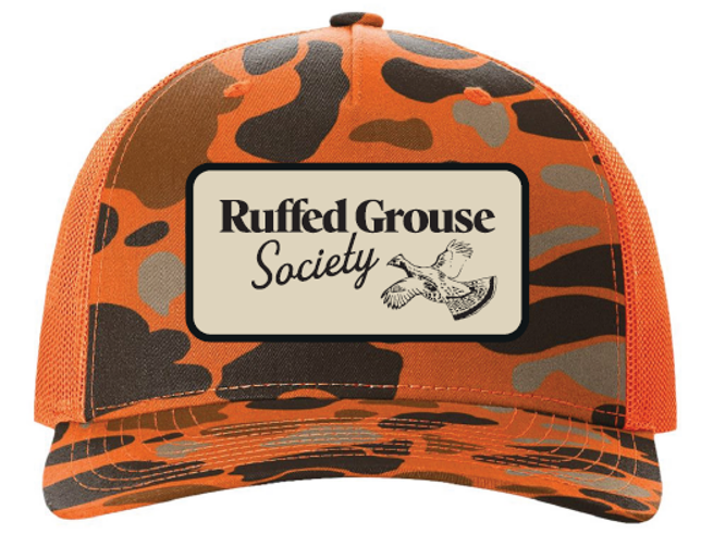 Ruffed Grouse Society Five-Panel Trucker Cap with Ruffed Grouse Society Patch. Camo/Blaze