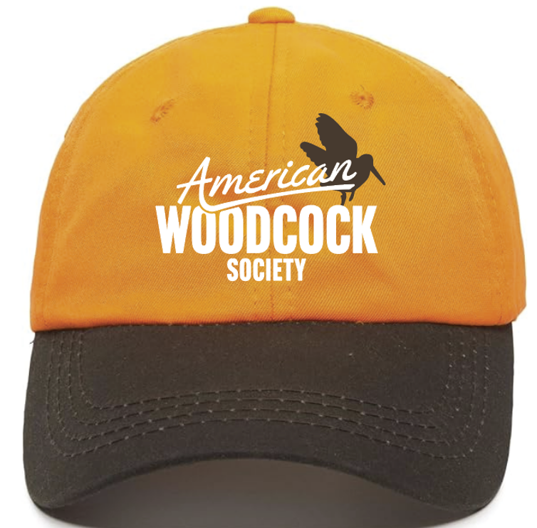 Blaze Orange Cap with Brown Bill: American Woodcock Society Logo/with White Lettering